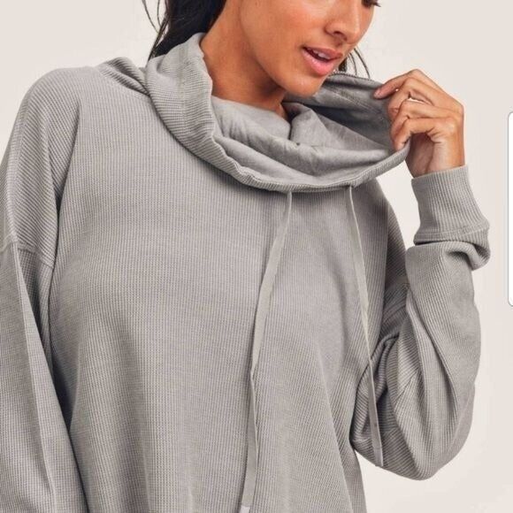 Mono b Gray Waffle Cowl Funnel Neck Lounge Activewear Cropped Pullover Sz S - Picture 2 of 8